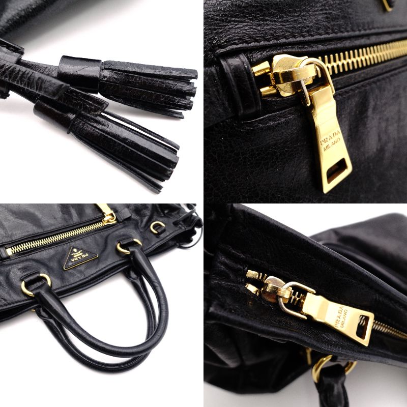 PRADA Handbag Black Leather Triangle Logo Black Gold Hardware R8020289