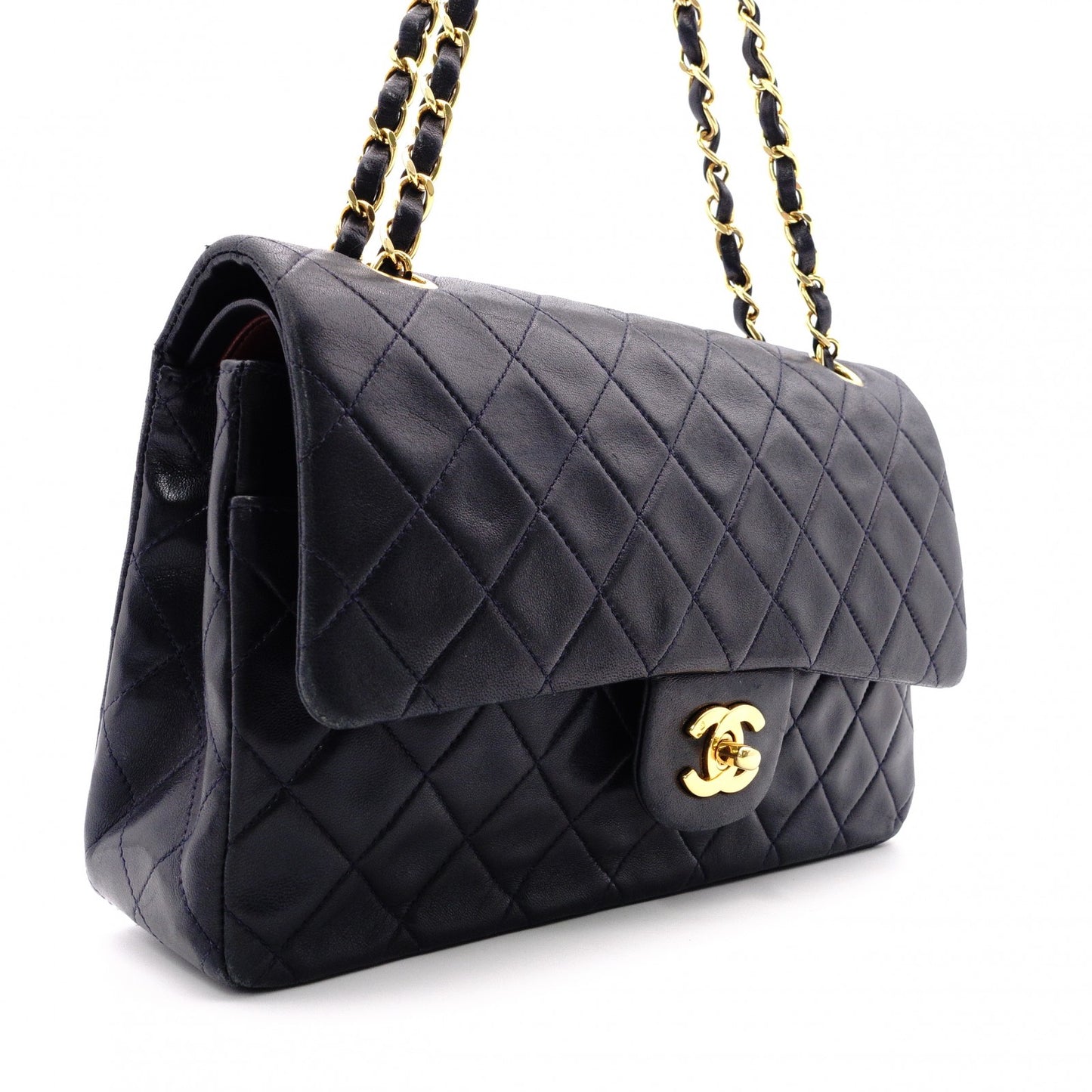 CHANEL Double Flap Matelassé Classic Shoulder Bag, Leather, Navy, Gold Hardware