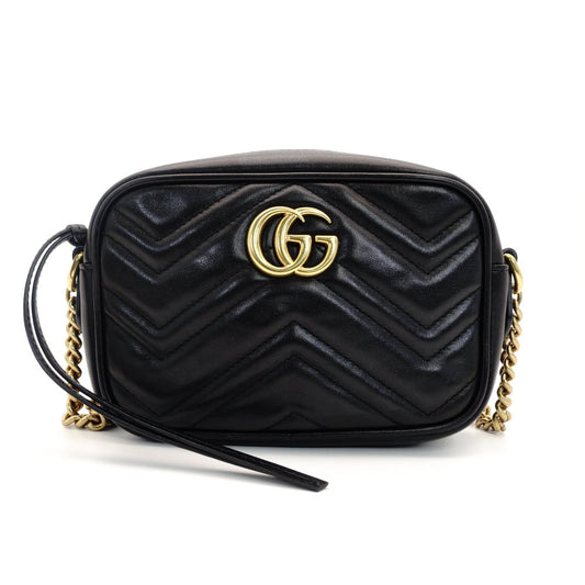 GUCCI Marmont Small Shoulder Bag Quilted Black GG Logo Crossbody Leather Black Gold Hardware 7-10-131