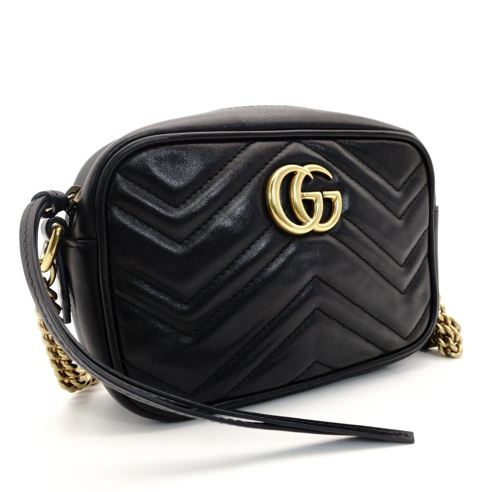 GUCCI Marmont Small Shoulder Bag Quilted Black GG Logo Crossbody Leather Black Gold Hardware 7-10-131