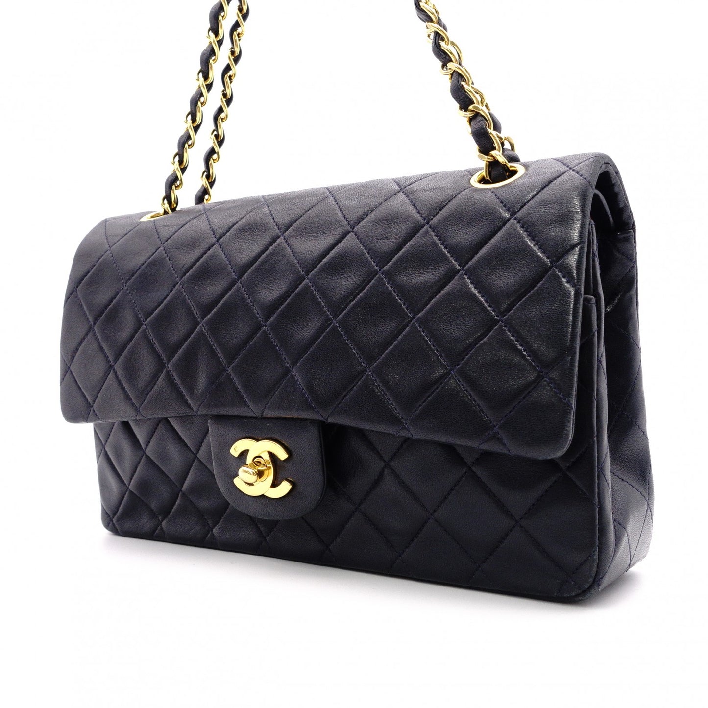 CHANEL Double Flap Matelassé Classic Shoulder Bag, Leather, Navy, Gold Hardware