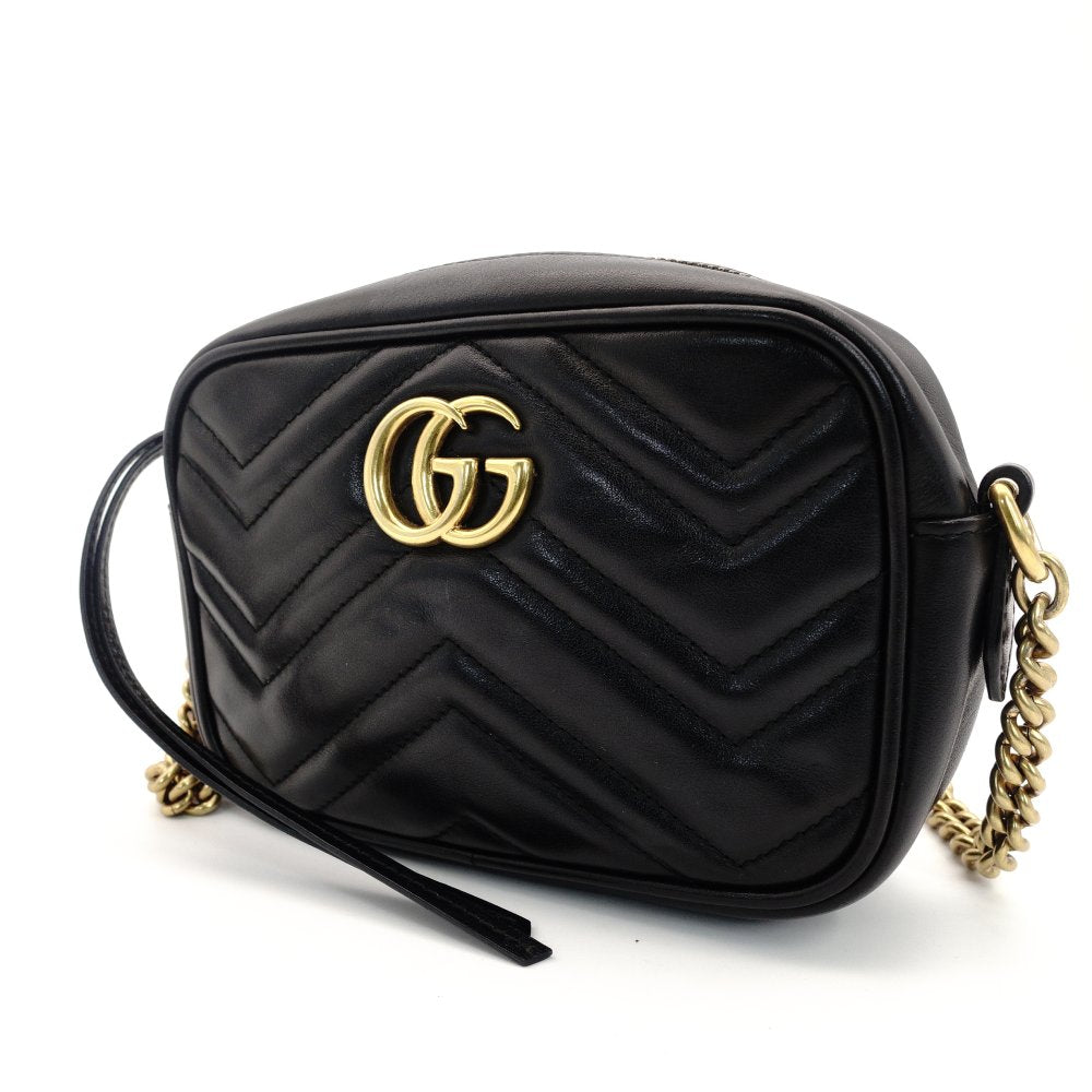 GUCCI Marmont Small Shoulder Bag Quilted Black GG Logo Crossbody Leather Black Gold Hardware 7-10-131