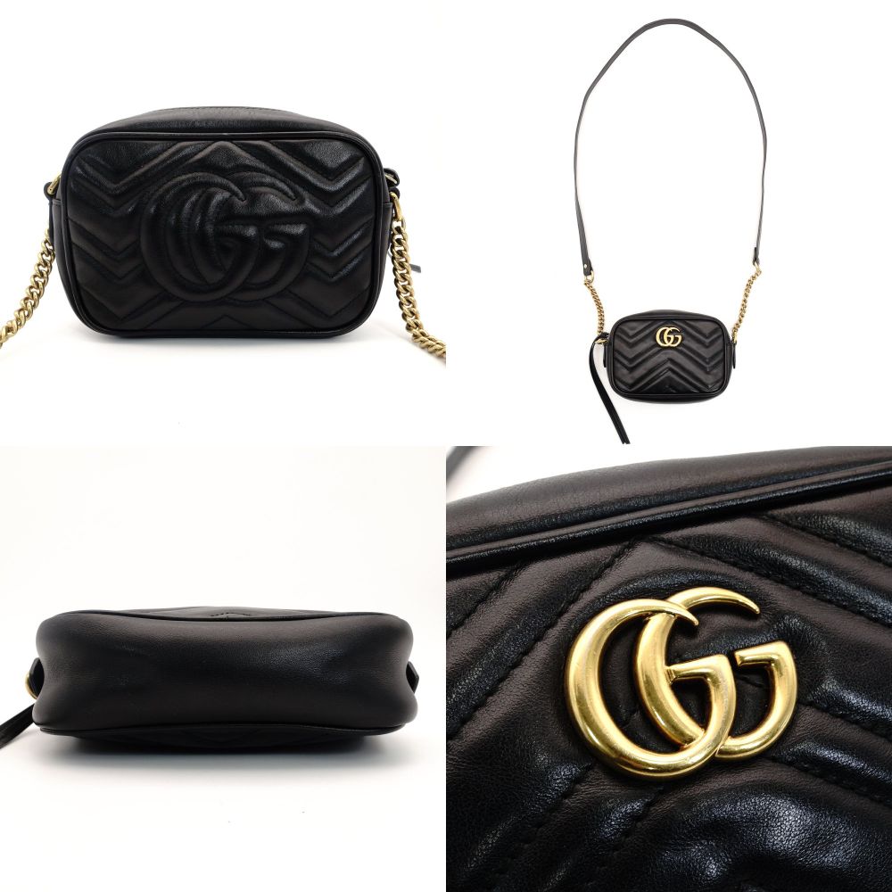 GUCCI Marmont Small Shoulder Bag Quilted Black GG Logo Crossbody Leather Black Gold Hardware 7-10-131