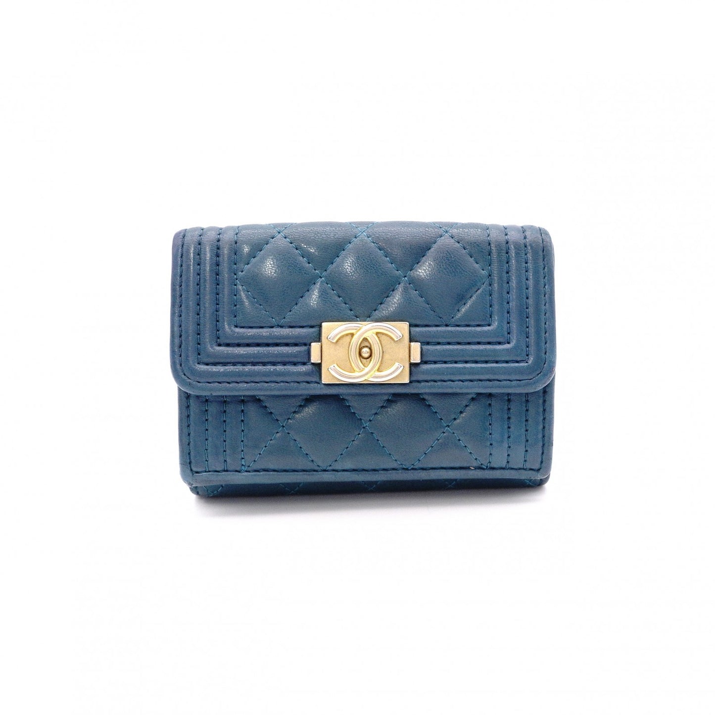 CHANEL Lambskin Boy Chanel Tri-fold Wallet, Leather, Turquoise Blue, Wallet, Coin Purse