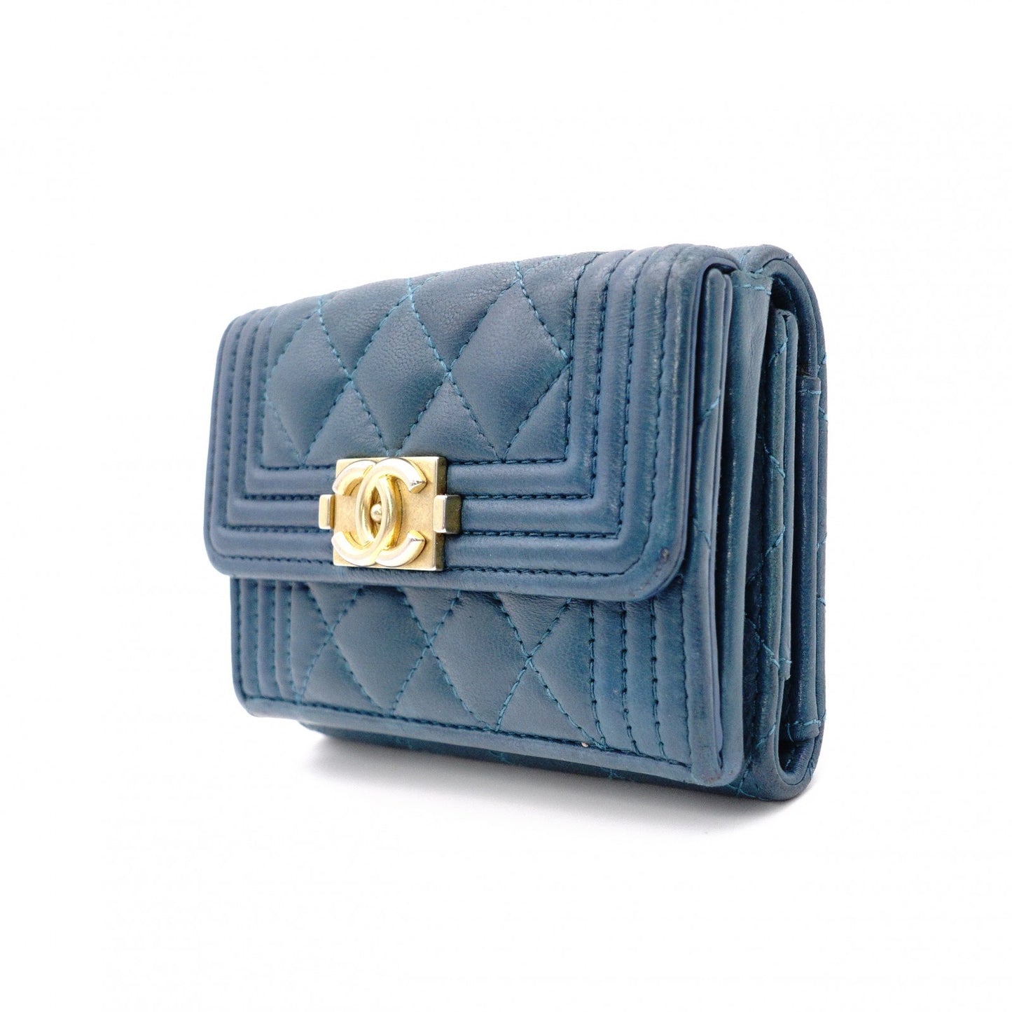 CHANEL Lambskin Boy Chanel Tri-fold Wallet, Leather, Turquoise Blue, Wallet, Coin Purse