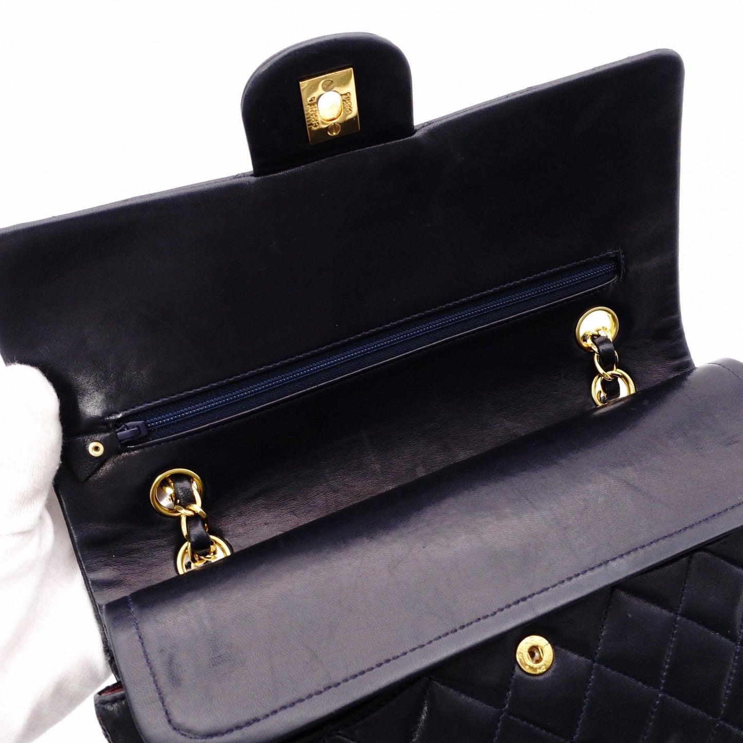 CHANEL Double Flap Matelassé Classic Shoulder Bag, Leather, Navy, Gold Hardware