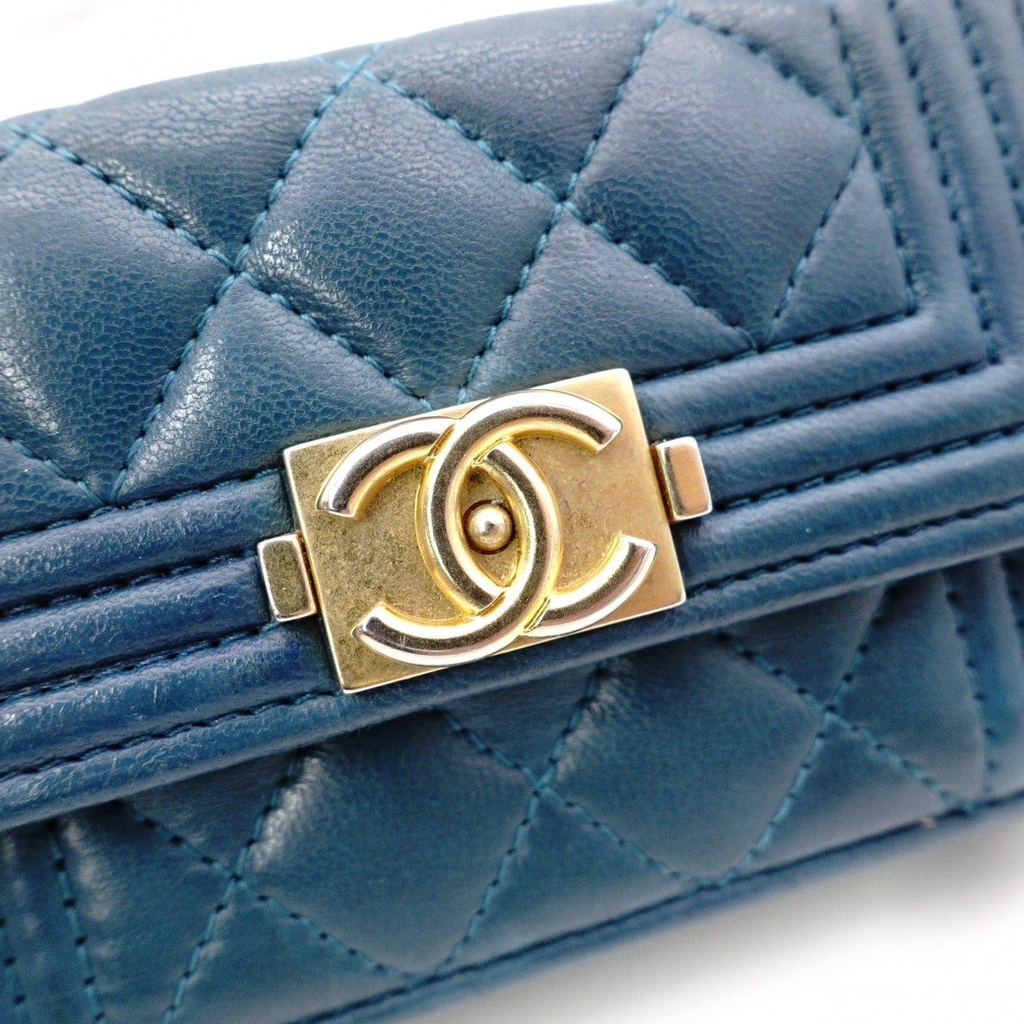 CHANEL Lambskin Boy Chanel Tri-fold Wallet, Leather, Turquoise Blue, Wallet, Coin Purse
