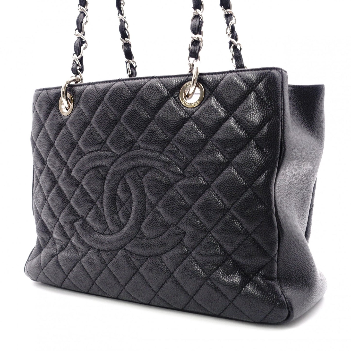 CHANEL GST Matelassé Caviar Leather Shoulder Bag, Black Leather with Silver Hardware