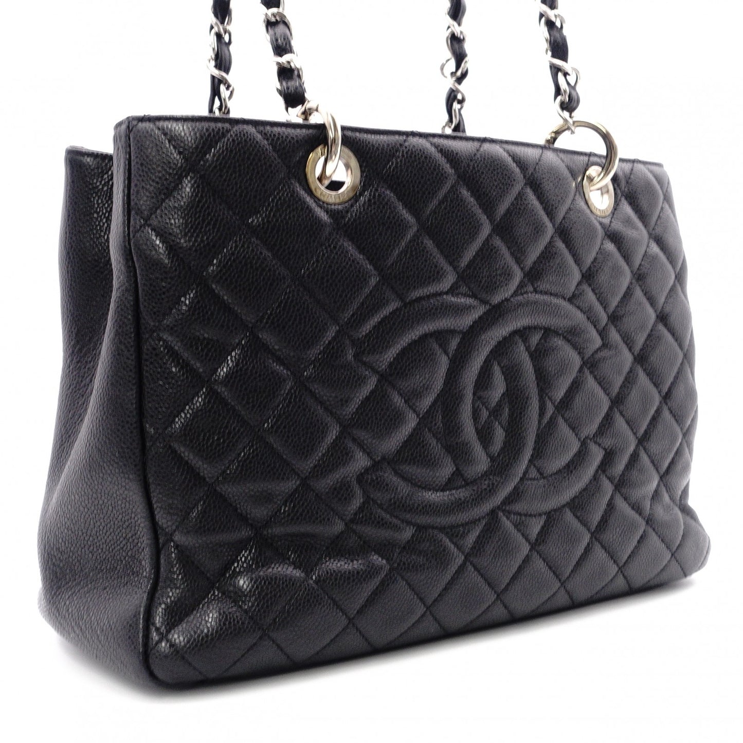 CHANEL GST Matelassé Caviar Leather Shoulder Bag, Black Leather with Silver Hardware