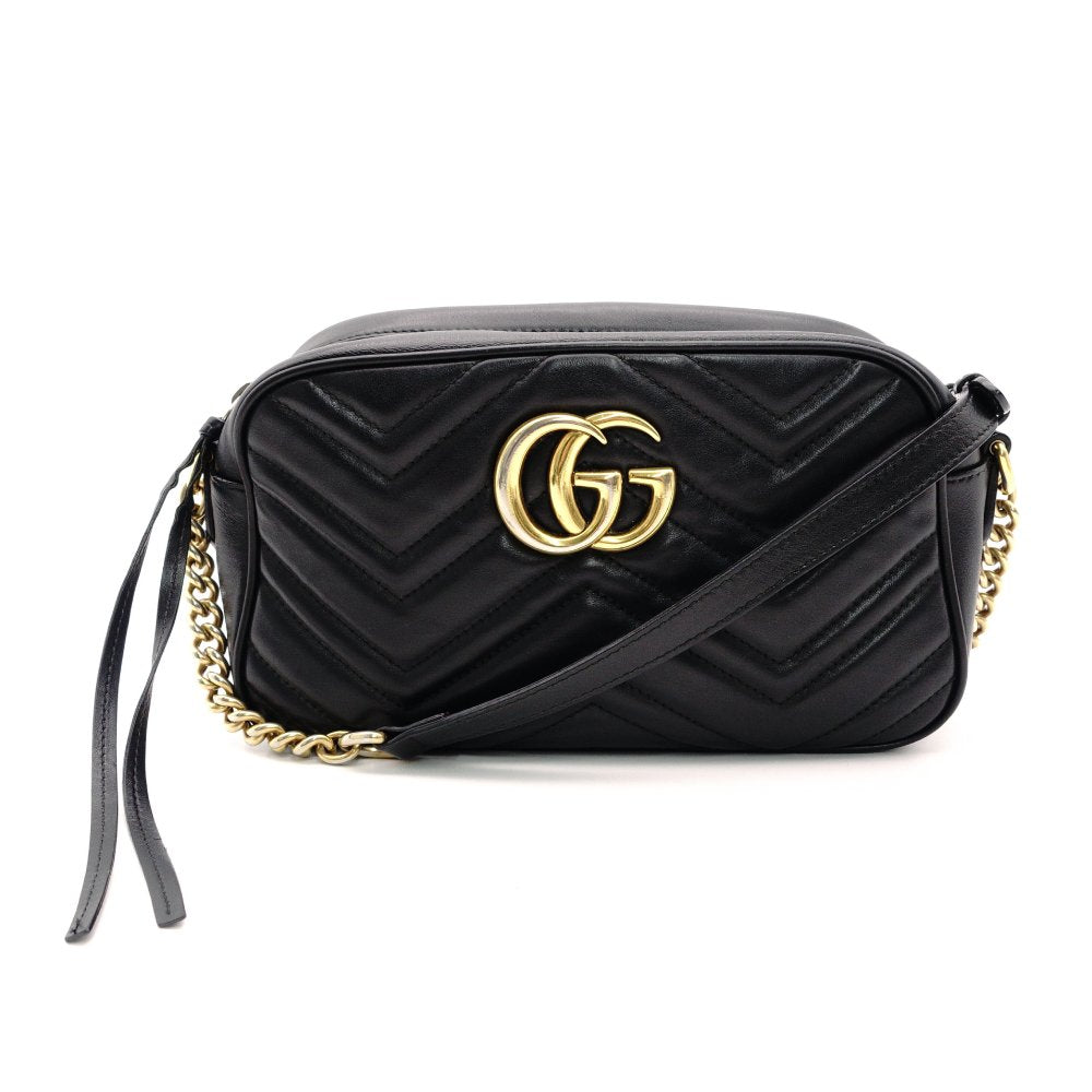 GUCCI GG Marmont Black Leather Shoulder Bag with GG Logo and Gold Hardware 7-12-389