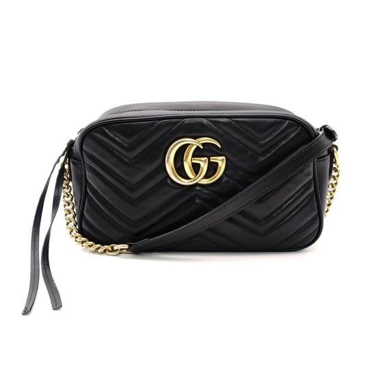 GUCCI GG Marmont Black Leather Shoulder Bag with GG Logo and Gold Hardware 7-12-389