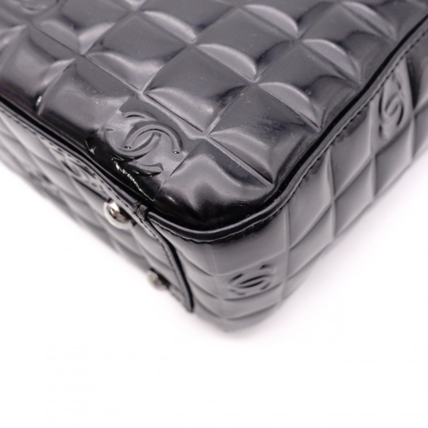 CHANEL Choco Bar Shoulder Bag, Patent Leather, Black Tote Bag