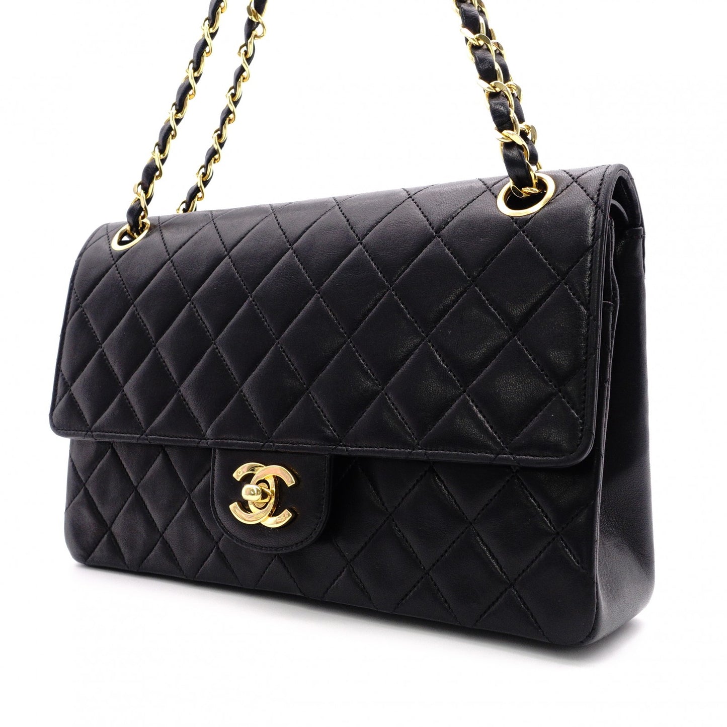 CHANEL Double Flap Matelassé Classic Shoulder Bag, Leather, Black with Gold Hardware