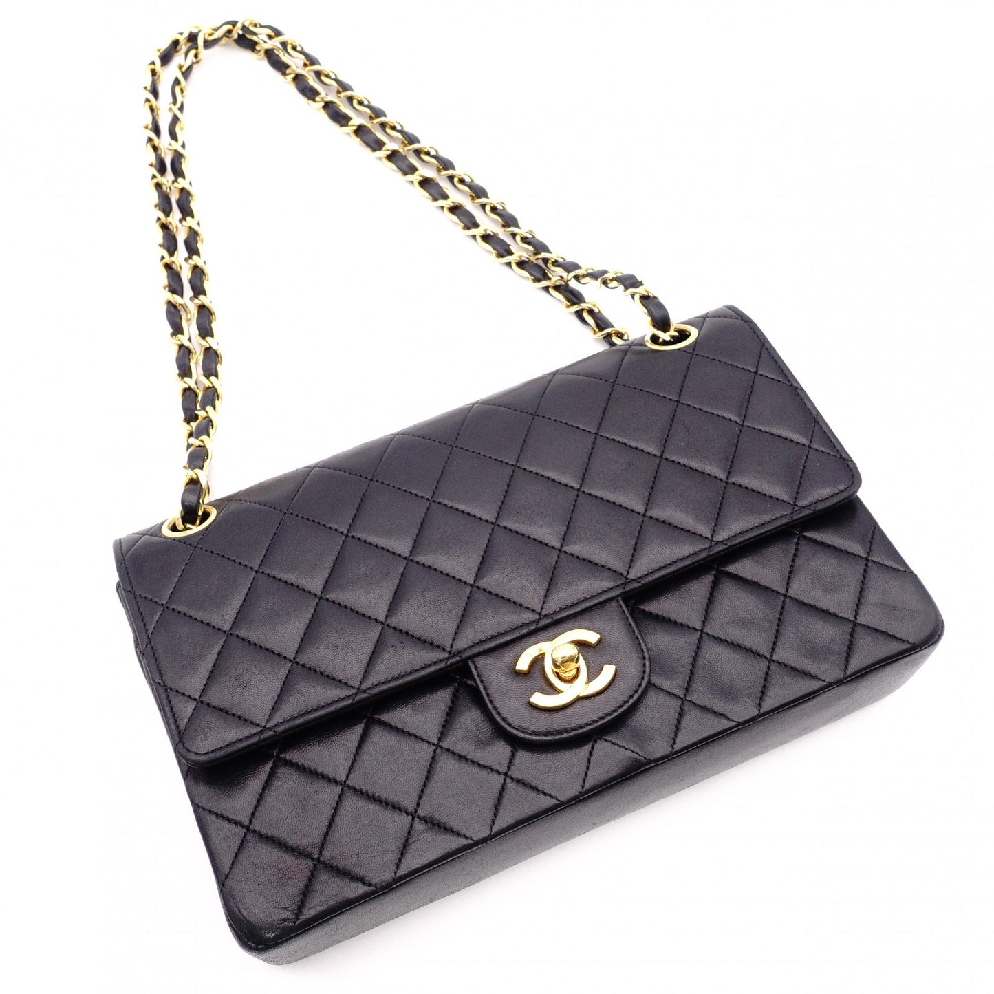 CHANEL Double Flap Matelassé Classic Shoulder Bag, Leather, Black with Gold Hardware
