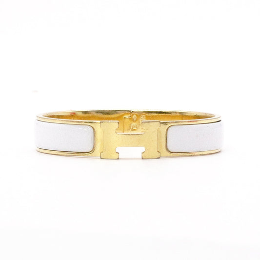 HERMES Click-Clack Bracelet, Metal, Gold and White, Women's, Size Approx. 16 cm, Click-H, H Logo