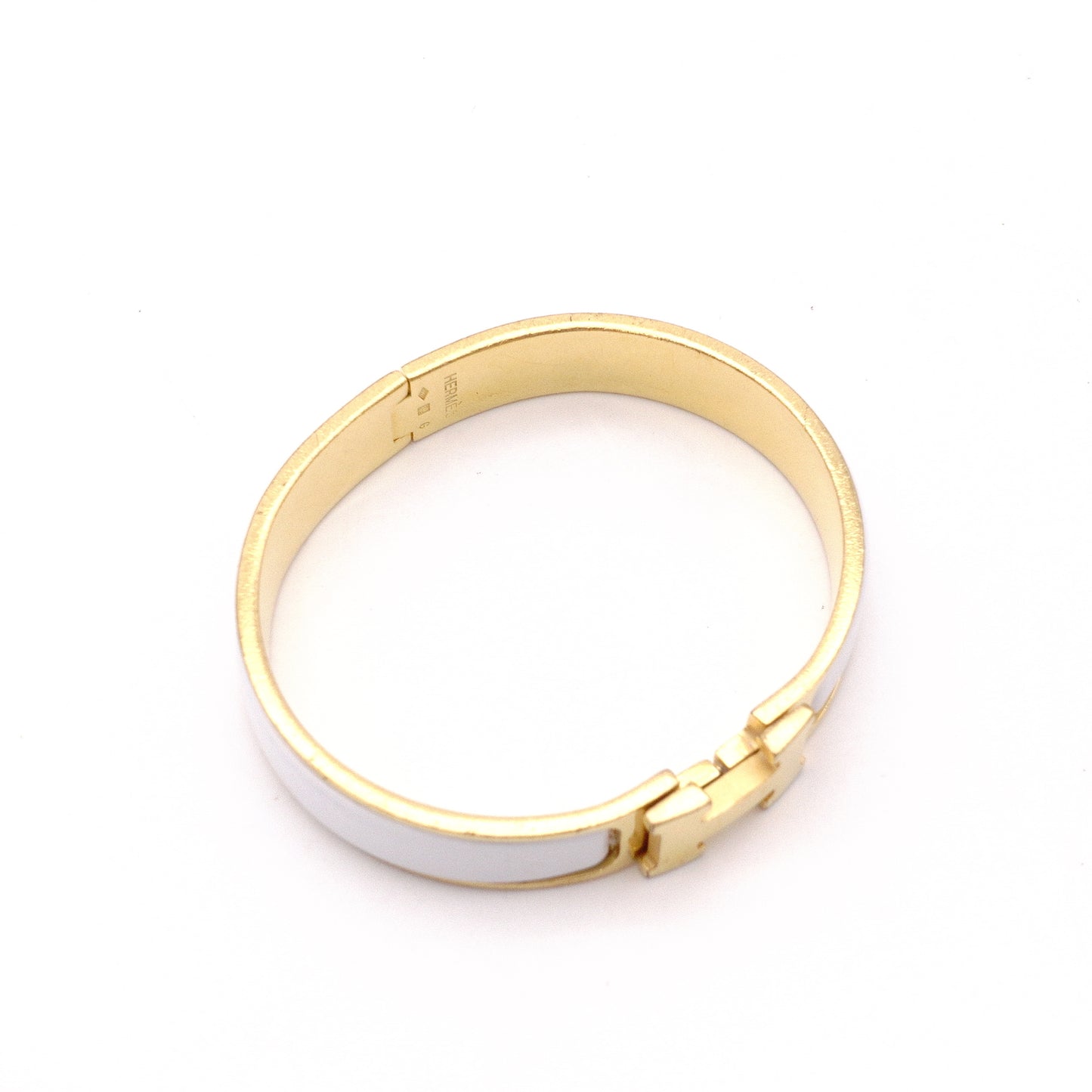 HERMES Click-Clack Bracelet, Metal, Gold and White, Women's, Size Approx. 16 cm, Click-H, H Logo