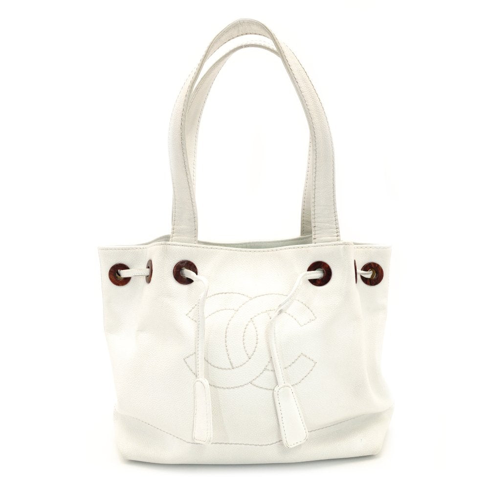 CHANEL Coco Mark Drawstring Tote Caviar Leather Shoulder Bag White Vintage CC Logo 7-9-173