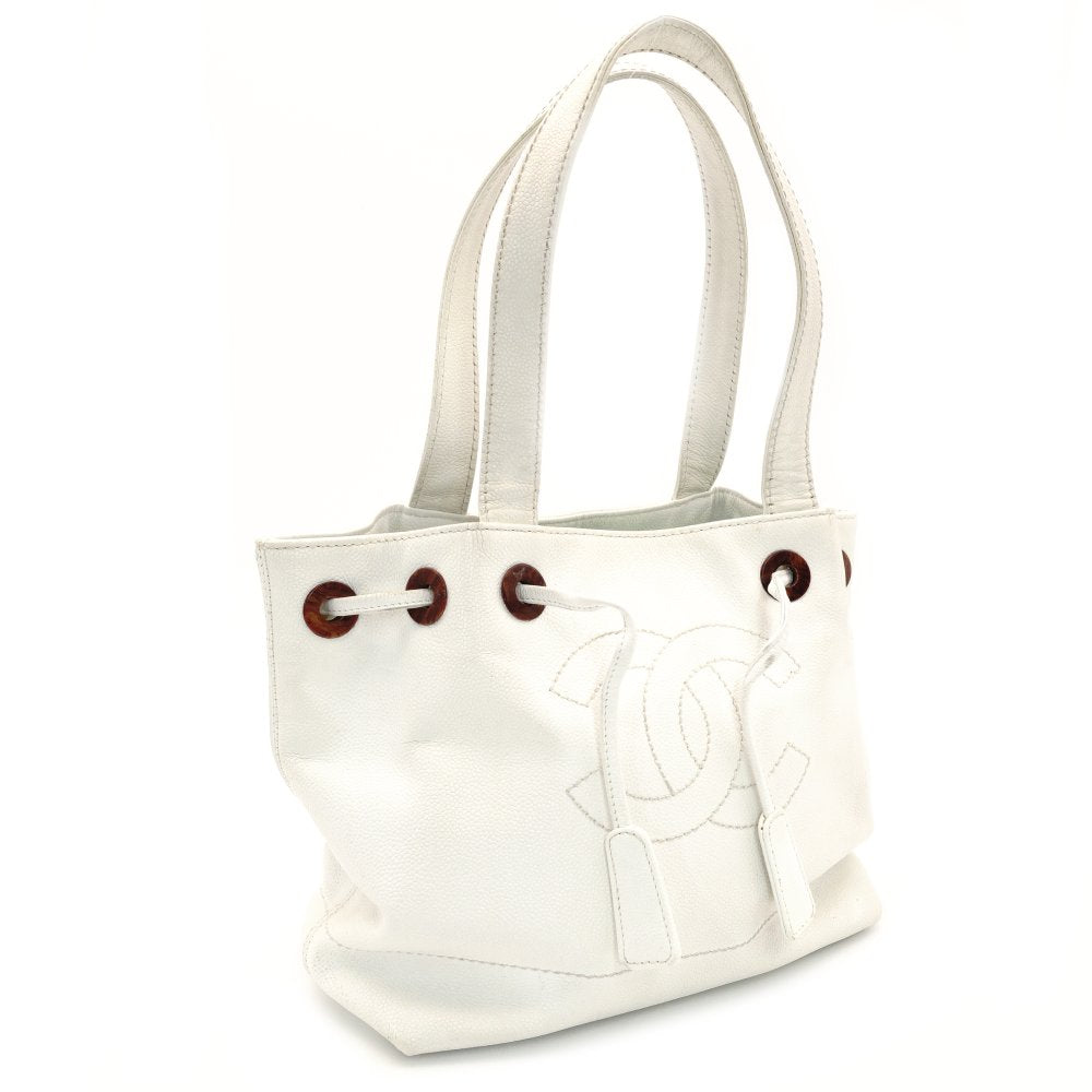 CHANEL Coco Mark Drawstring Tote Caviar Leather Shoulder Bag White Vintage CC Logo 7-9-173