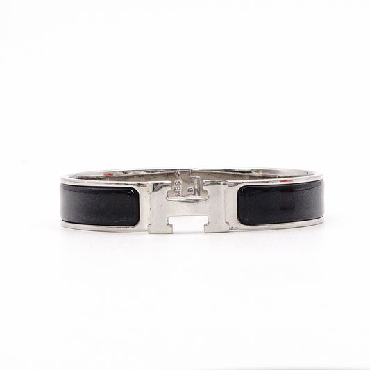 HERMES Click-Clack Bracelet, Metal, Silver, Black, Women's, H Logo, Click H