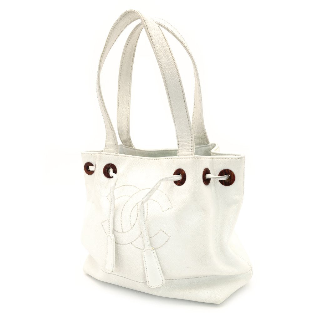 CHANEL Coco Mark Drawstring Tote Caviar Leather Shoulder Bag White Vintage CC Logo 7-9-173