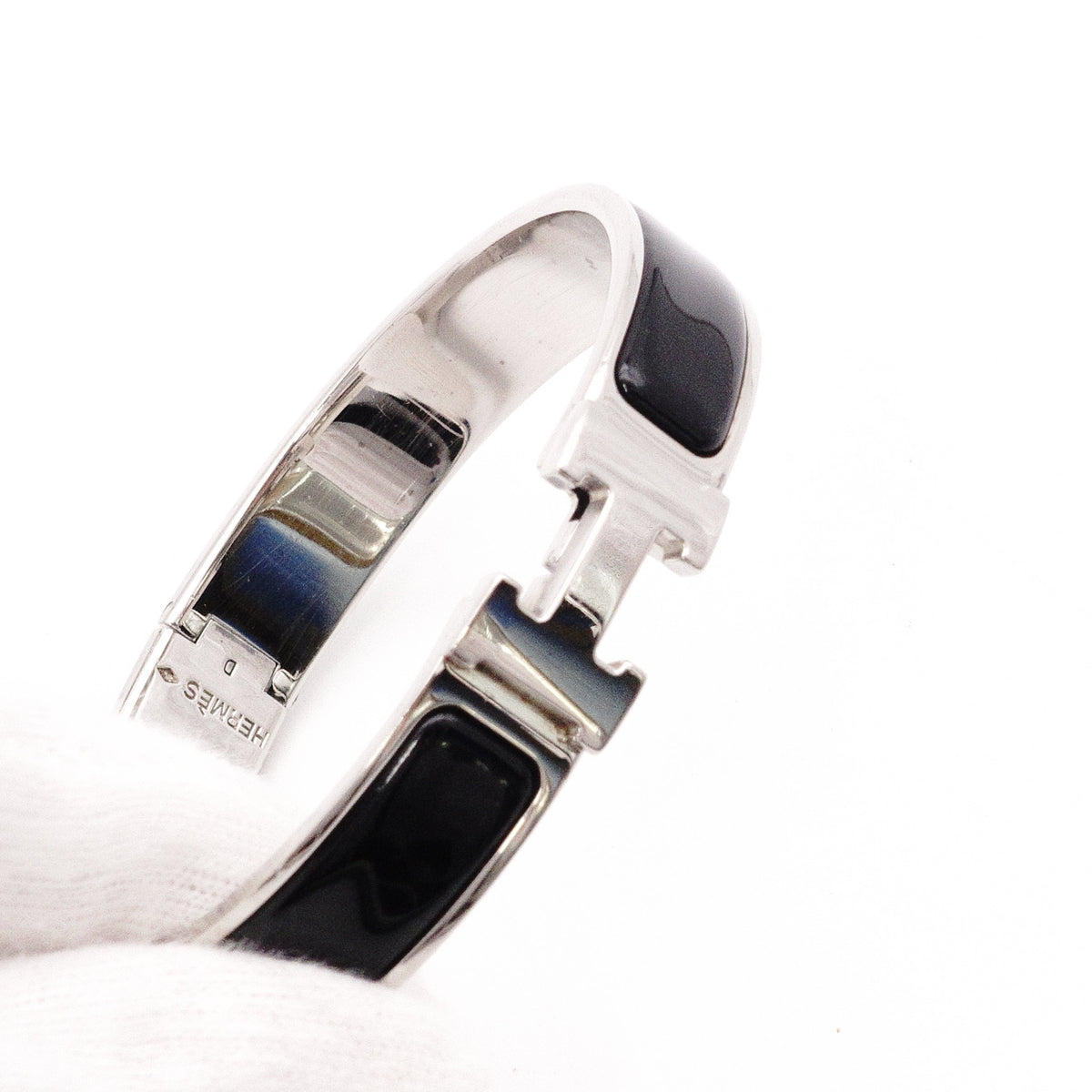 HERMES Click-Clack Bracelet, Metal, Silver, Black, Women's, H Logo, Click H