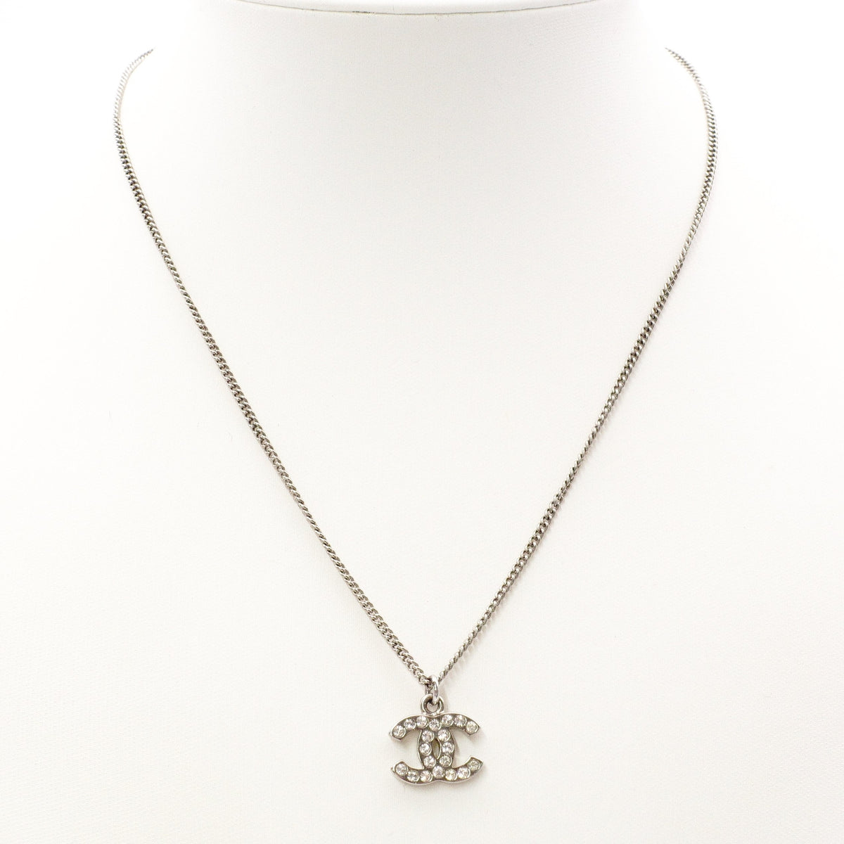 CHANEL Necklace, Metal, Rhinestone, Silver, CC Necklace