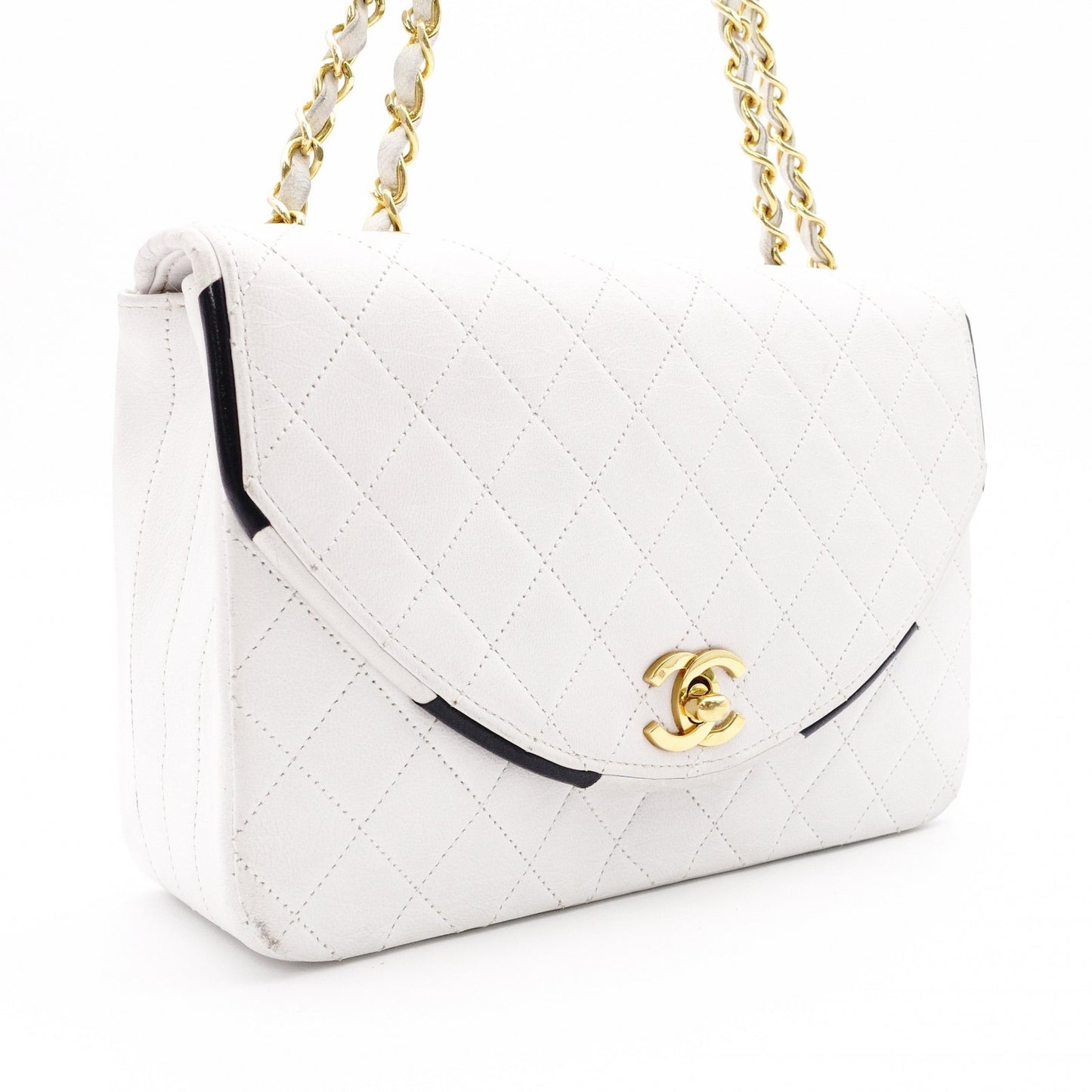 CHANEL Chain Shoulder Bag, Matelassé Lambskin Leather, White with Gold Hardware