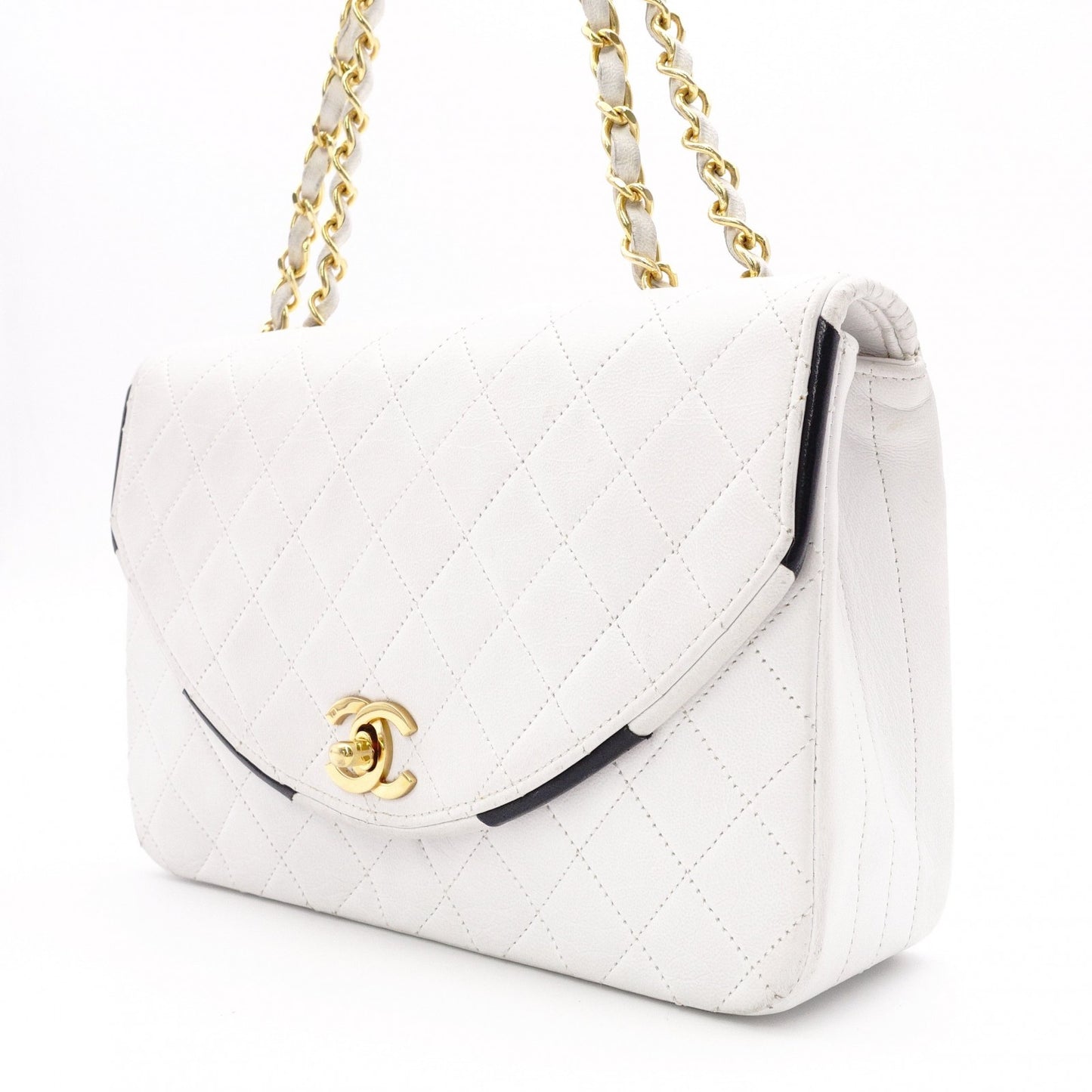 CHANEL Chain Shoulder Bag, Matelassé Lambskin Leather, White with Gold Hardware