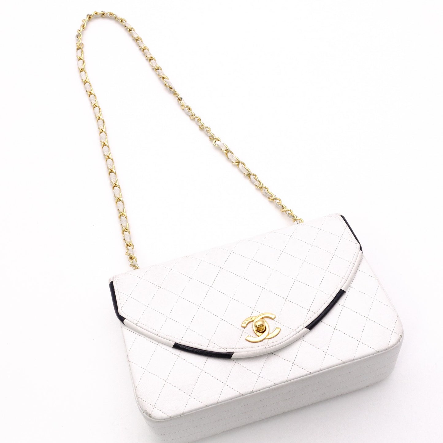 CHANEL Chain Shoulder Bag, Matelassé Lambskin Leather, White with Gold Hardware