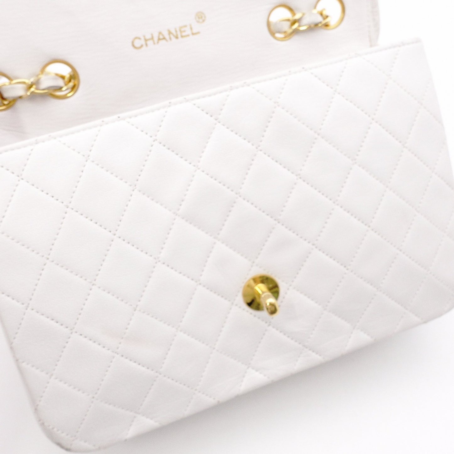 CHANEL Chain Shoulder Bag, Matelassé Lambskin Leather, White with Gold Hardware