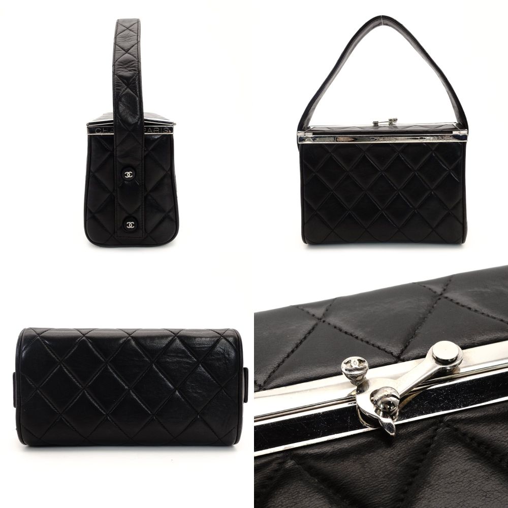 CHANEL Matelassé Vanity Bag Lambskin Leather Black Handbag Vintage Silver Hardware 7-10-160