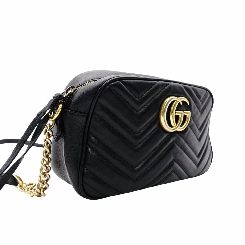 GUCCI GG Marmont Black Leather Shoulder Bag with GG Logo and Gold Hardware 7-12-389