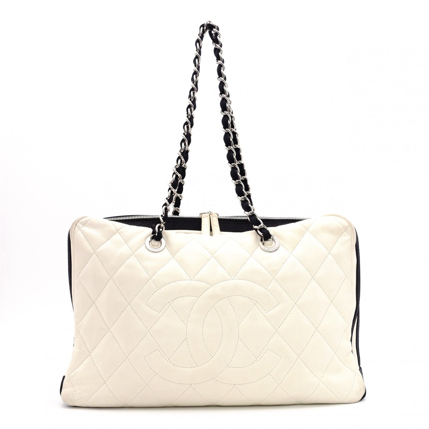 CHANEL Shoulder Bag, Timeless CC Leather, White and Black Two-Tone, Silver Hardware
