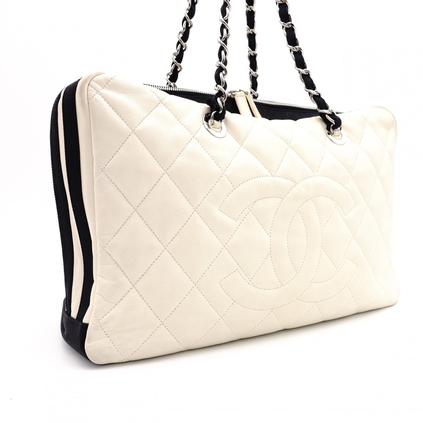 CHANEL Shoulder Bag, Timeless CC Leather, White and Black Two-Tone, Silver Hardware