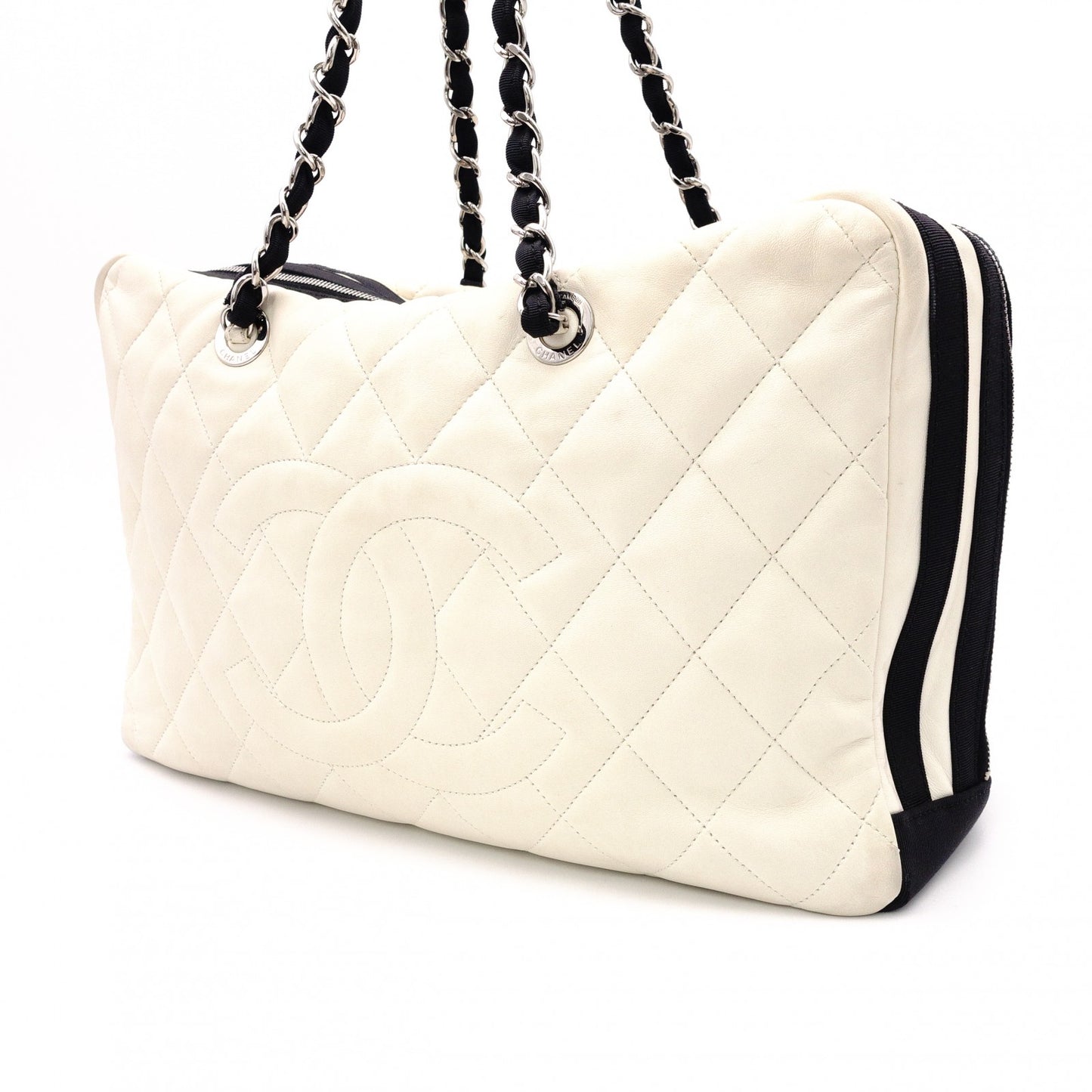 CHANEL Shoulder Bag, Timeless CC Leather, White and Black Two-Tone, Silver Hardware