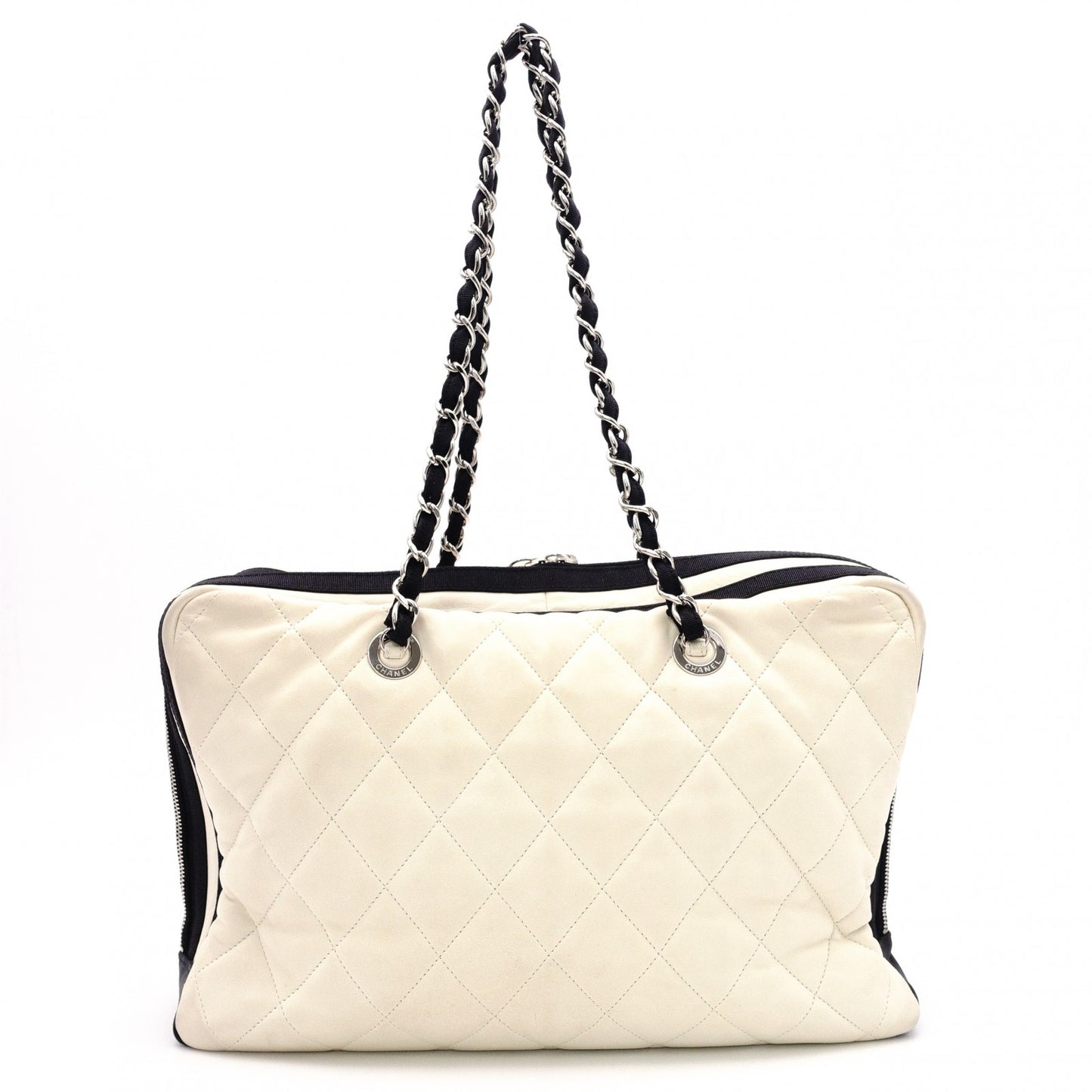 CHANEL Shoulder Bag, Timeless CC Leather, White and Black Two-Tone, Silver Hardware