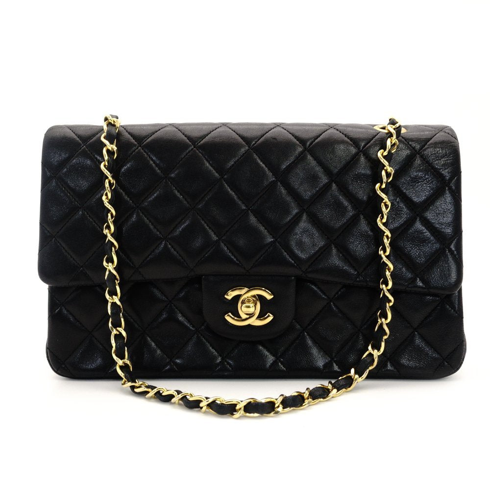 CHANEL Matelassé Lambskin Double Flap Chain Shoulder Bag Black Leather Gold Hardware 7-10-001