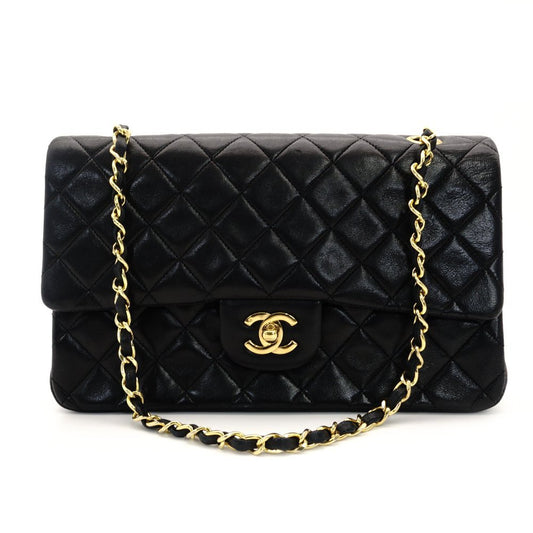 CHANEL Matelassé Lambskin Double Flap Chain Shoulder Bag Black Leather Gold Hardware 7-10-001