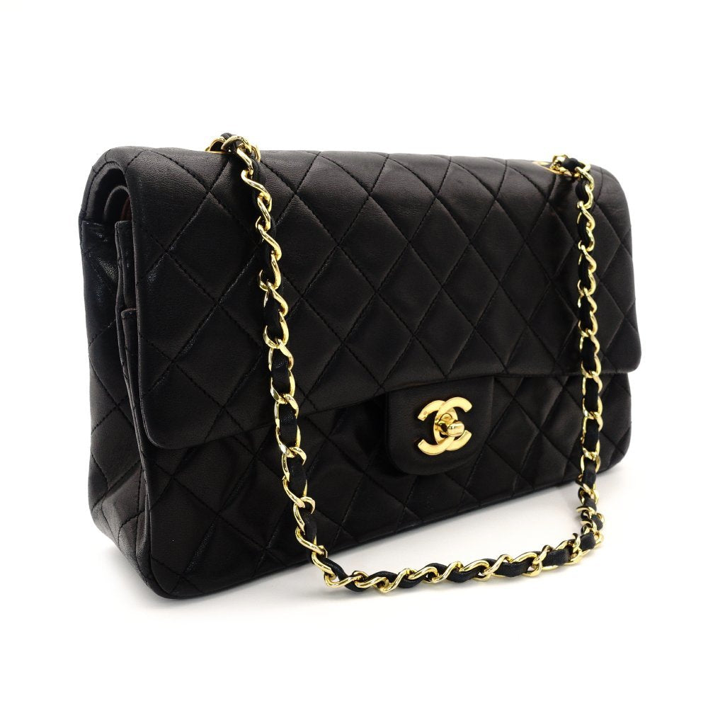 CHANEL Matelassé Lambskin Double Flap Chain Shoulder Bag Black Leather Gold Hardware 7-10-001
