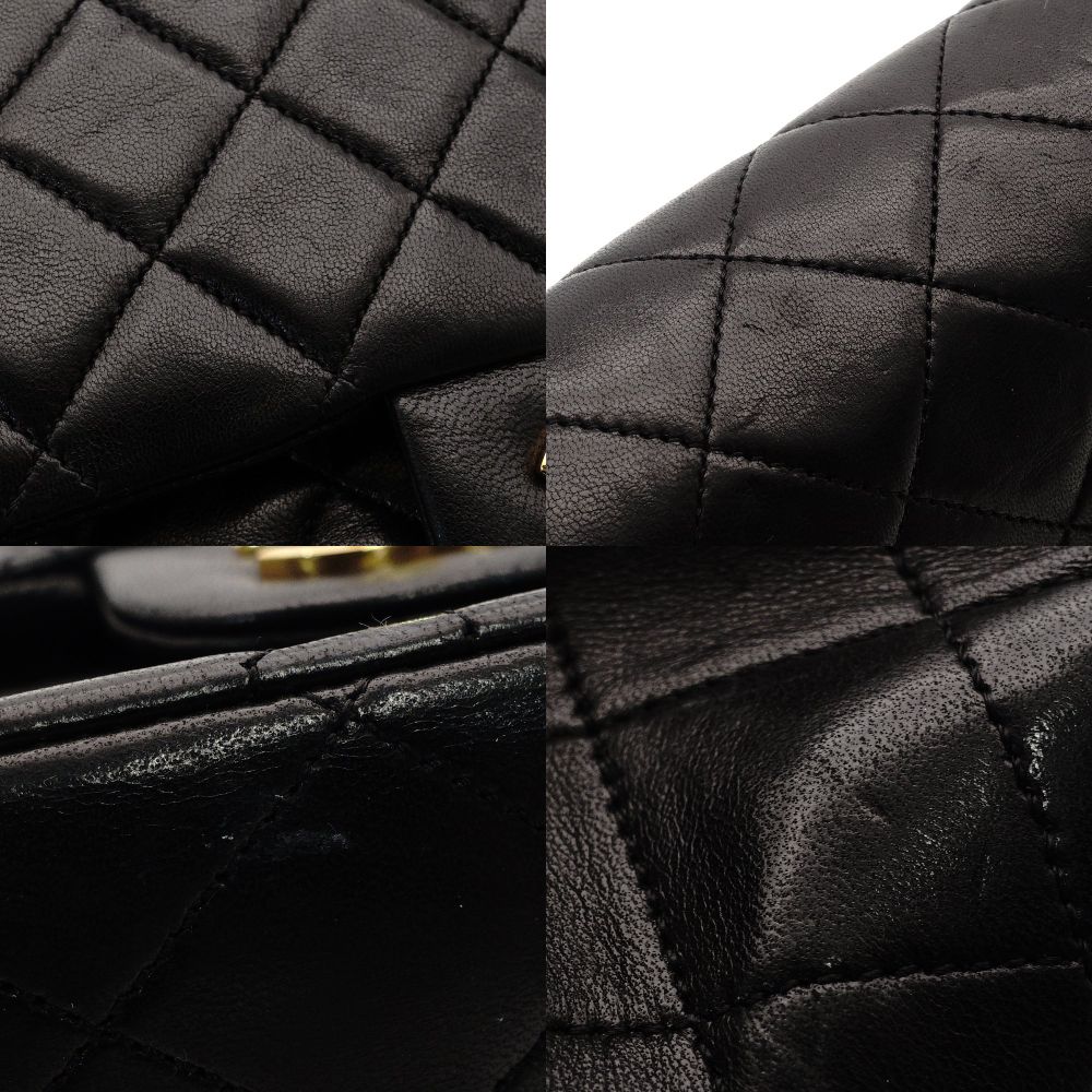 CHANEL Matelassé Lambskin Double Flap Chain Shoulder Bag Black Leather Gold Hardware 7-10-001