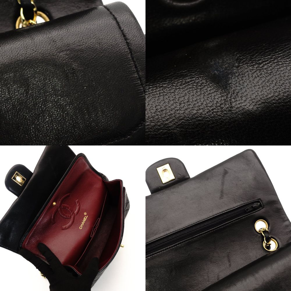 CHANEL Matelassé Lambskin Double Flap Chain Shoulder Bag Black Leather Gold Hardware 7-10-001