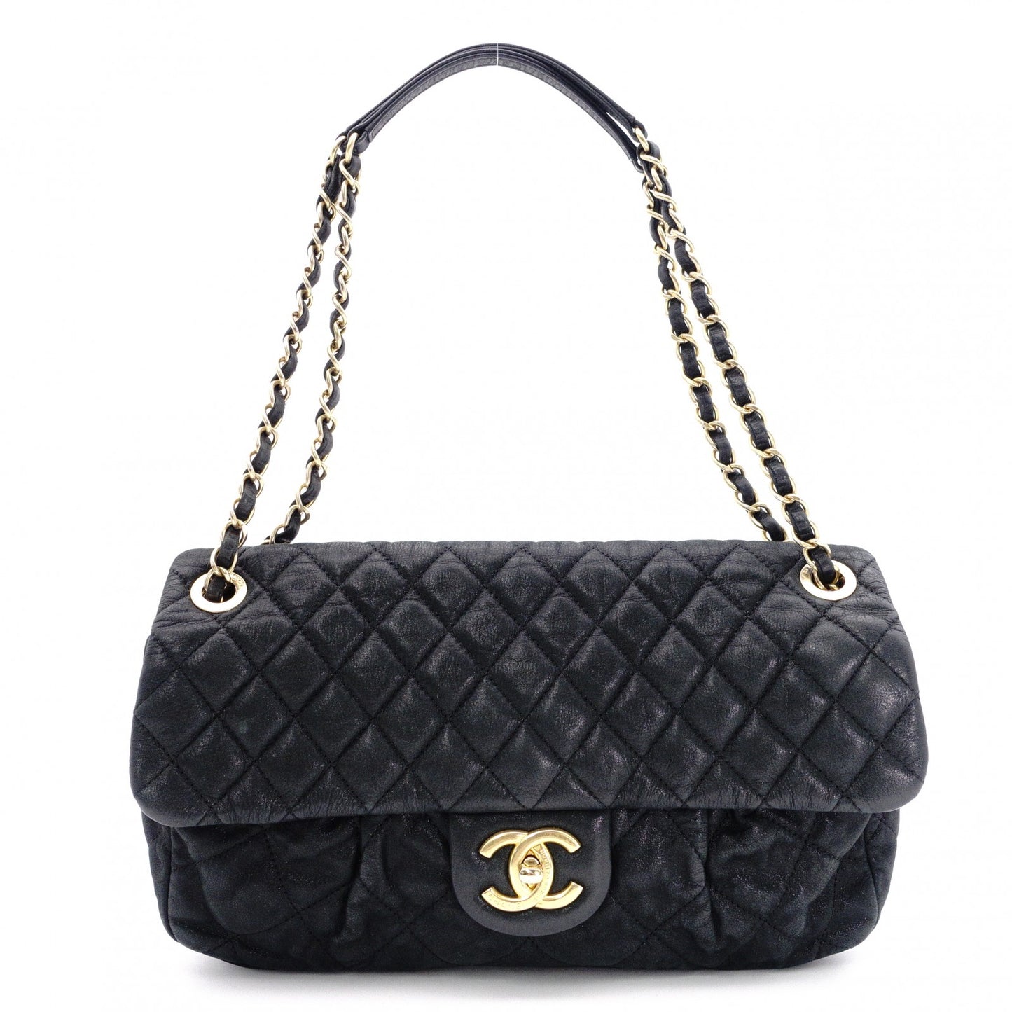 CHANEL Chain Shoulder Bag, Matelassé Leather, Black with Gold Hardware