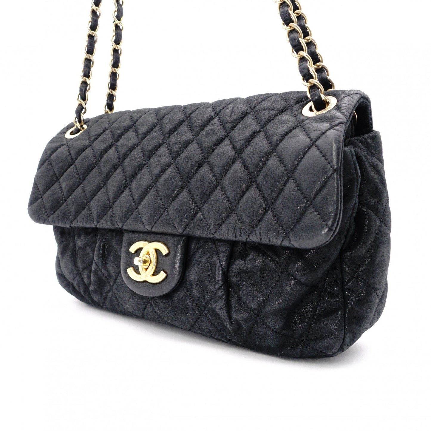 CHANEL Chain Shoulder Bag, Matelassé Leather, Black with Gold Hardware