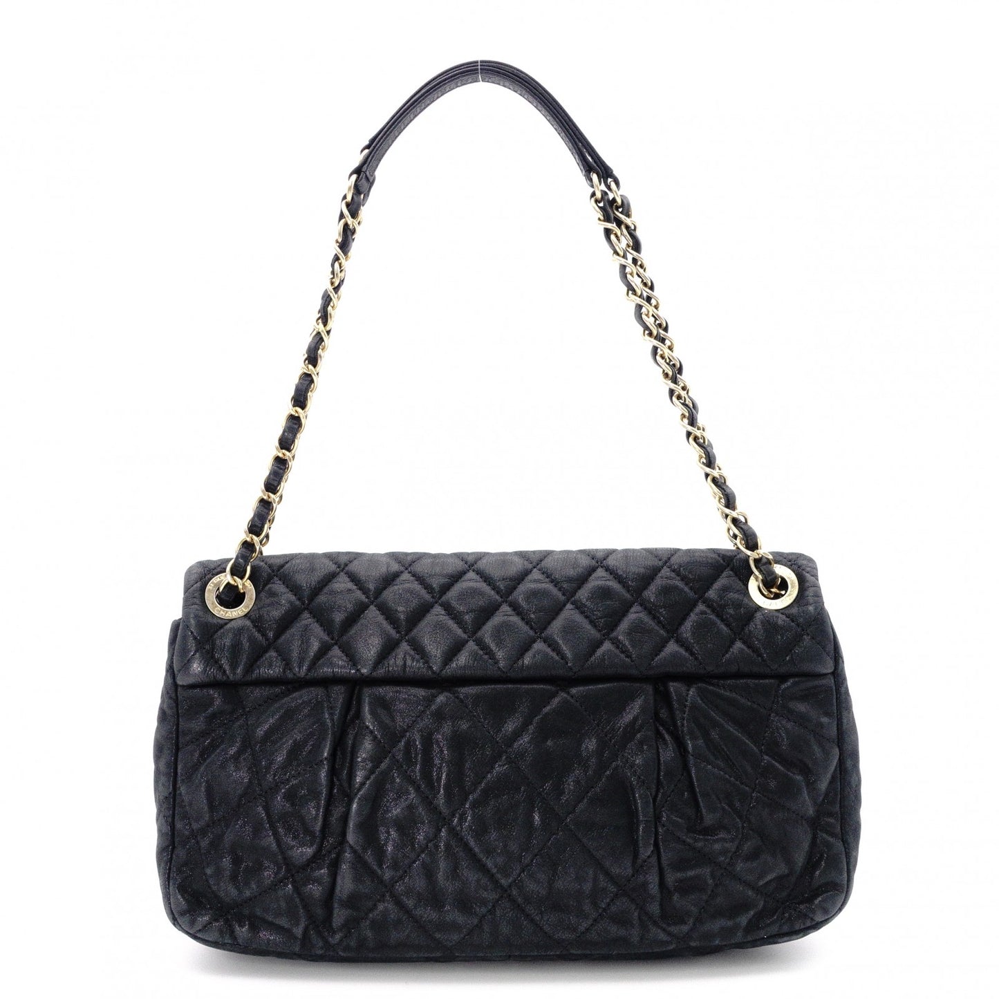 CHANEL Chain Shoulder Bag, Matelassé Leather, Black with Gold Hardware
