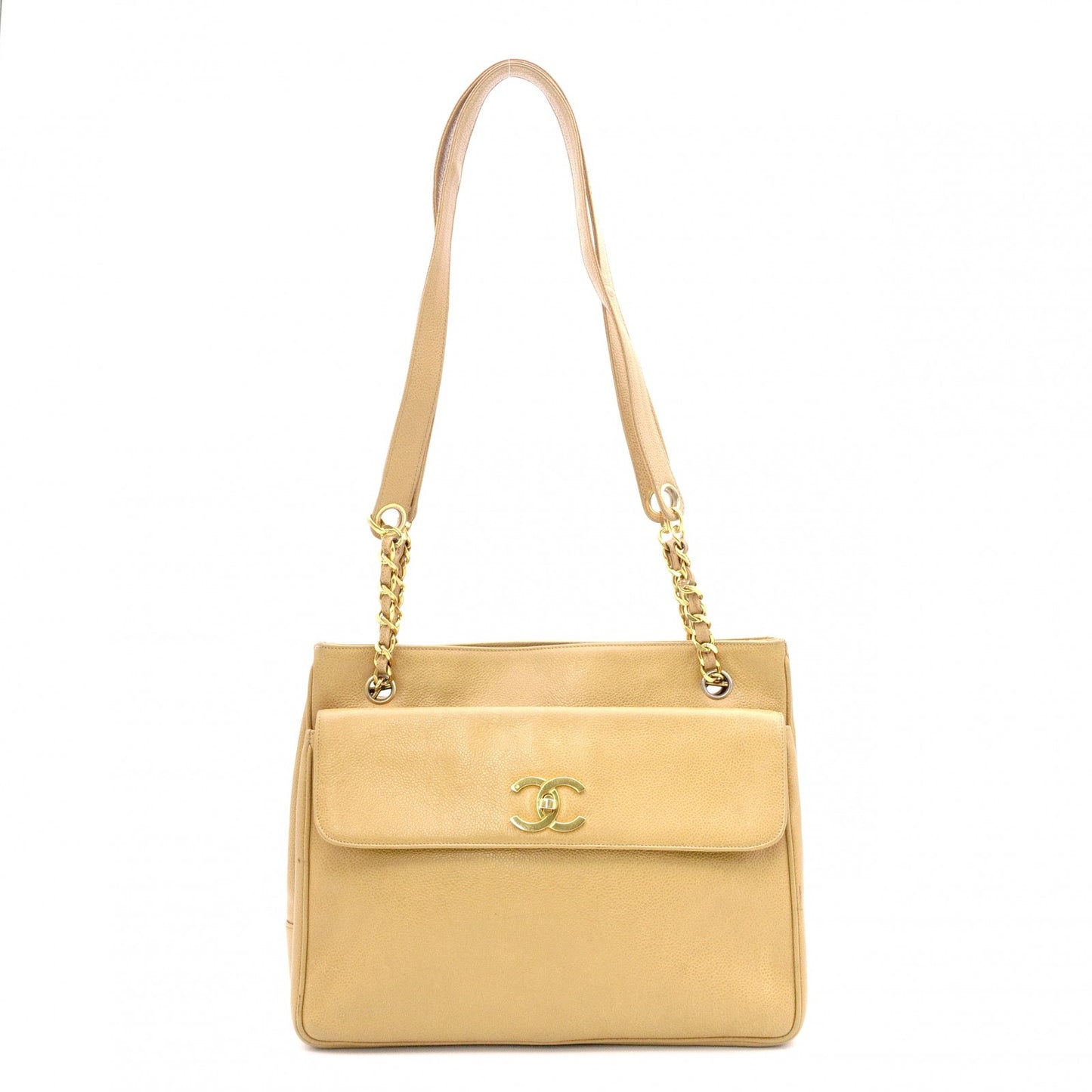 CHANEL Chain Shoulder Bag, Caviar Leather, Beige, Gold Hardware, Vintage