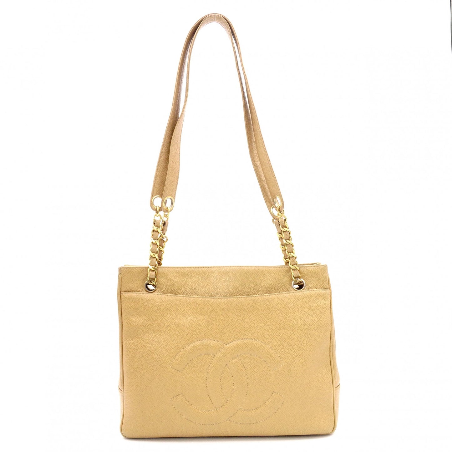 CHANEL Chain Shoulder Bag, Caviar Leather, Beige, Gold Hardware, Vintage