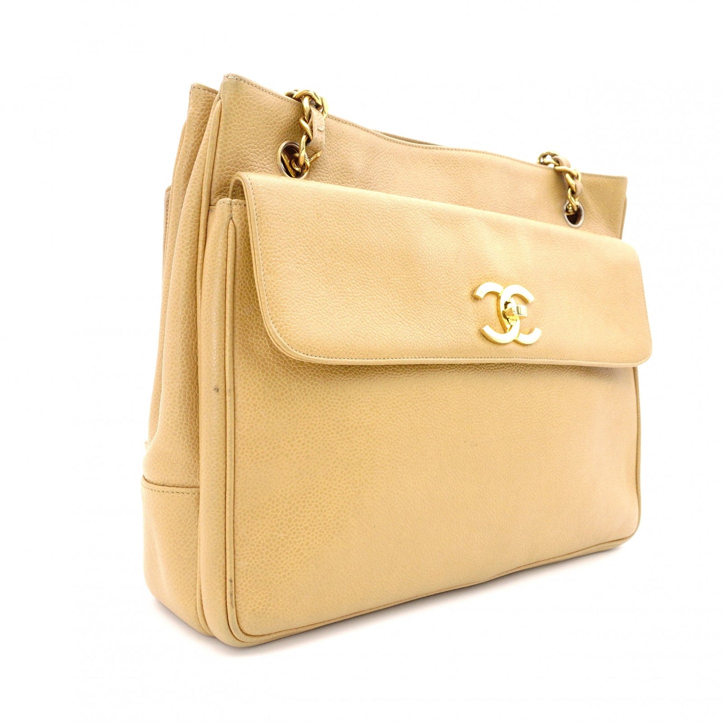 CHANEL Chain Shoulder Bag, Caviar Leather, Beige, Gold Hardware, Vintage