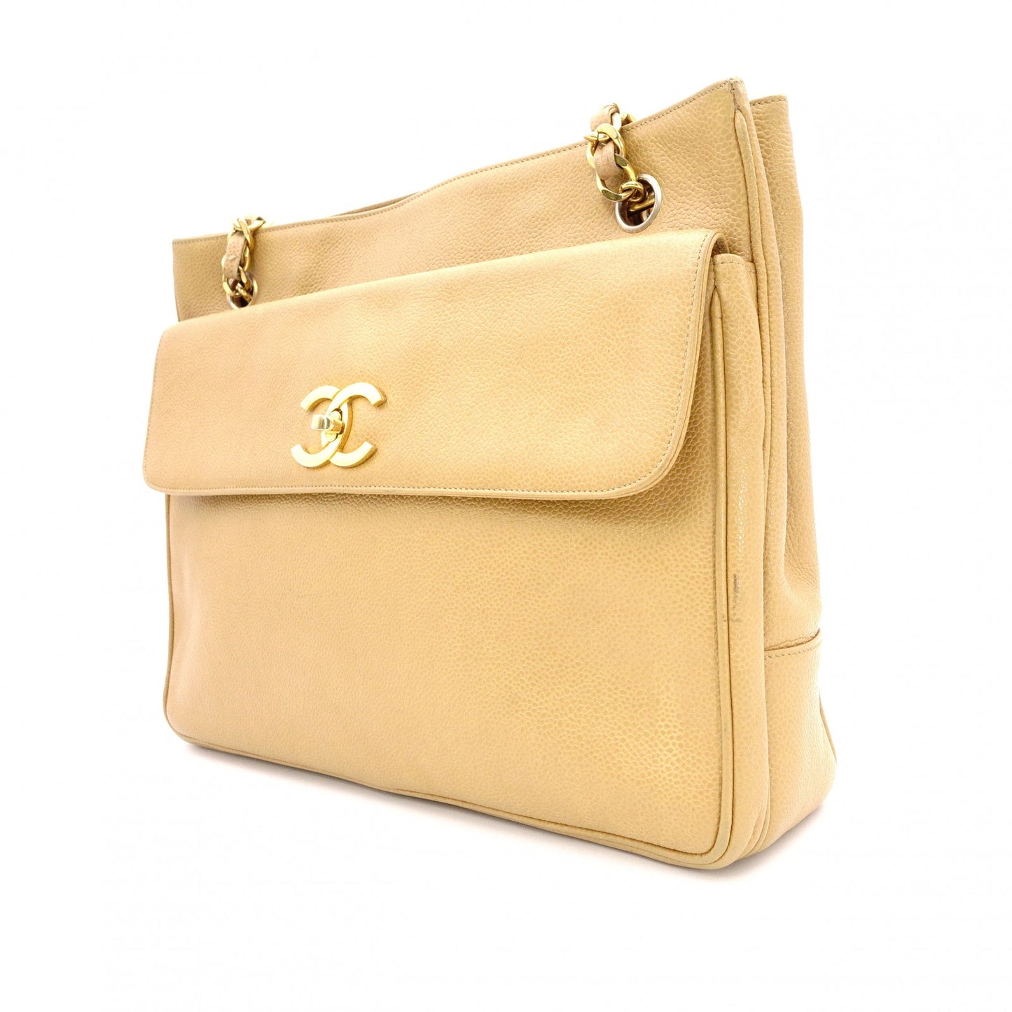 CHANEL Chain Shoulder Bag, Caviar Leather, Beige, Gold Hardware, Vintage