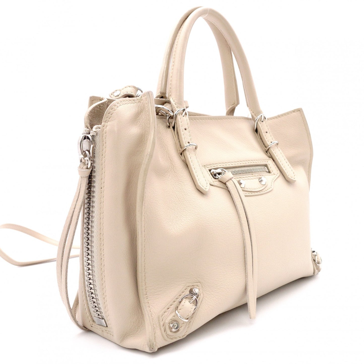 BALENCIAGA Paper Shoulder Bag, Leather, Beige, 2-Way Crossbody, Silver Hardware