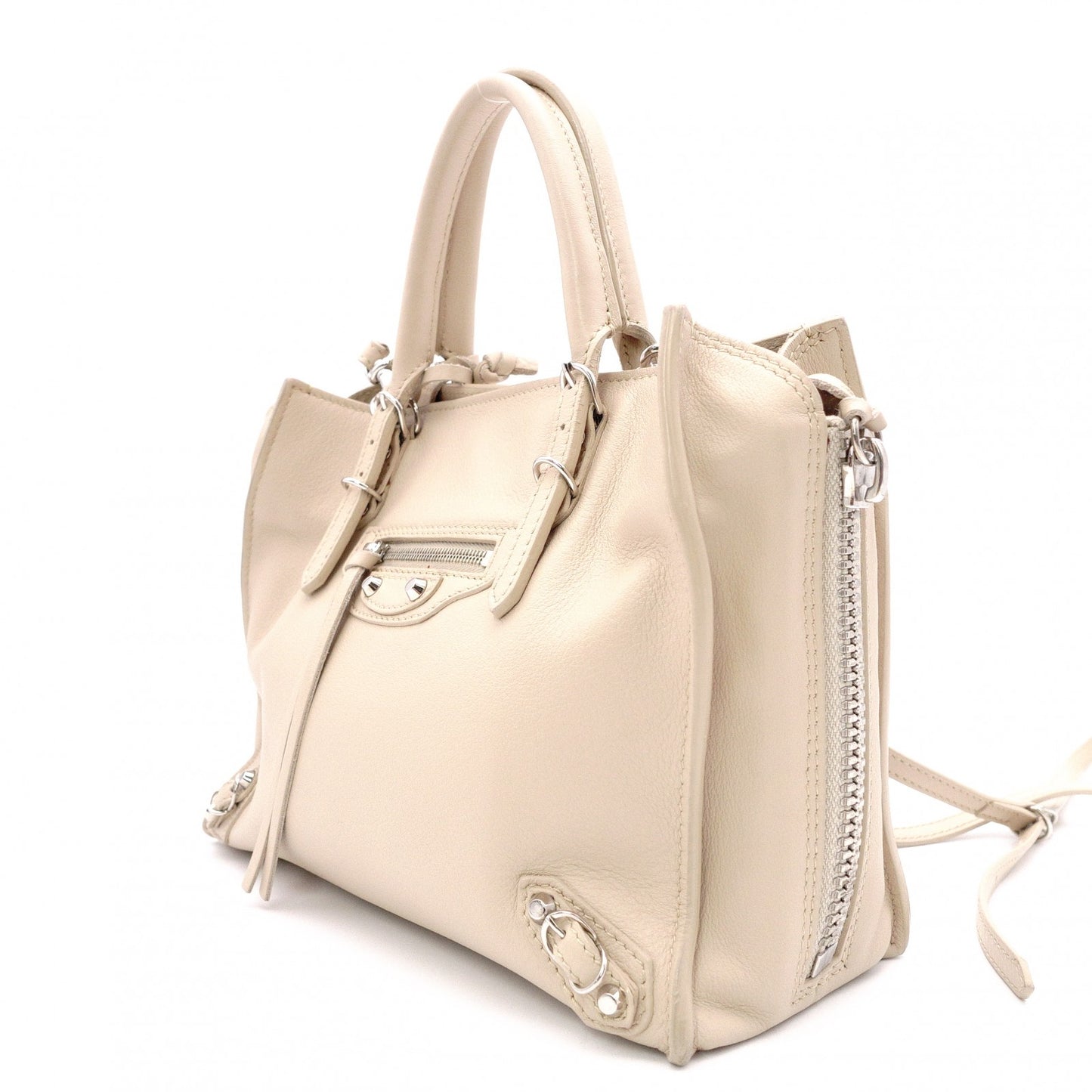 BALENCIAGA Paper Shoulder Bag, Leather, Beige, 2-Way Crossbody, Silver Hardware